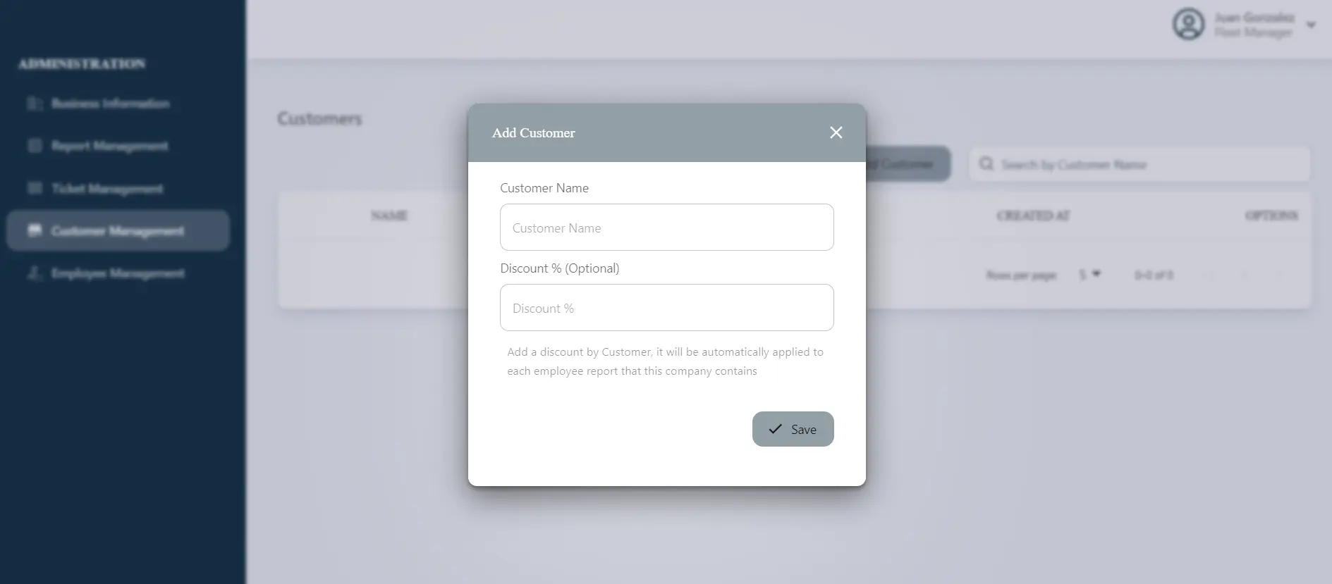 Fleet Manager customer form for recording broker information and discounts