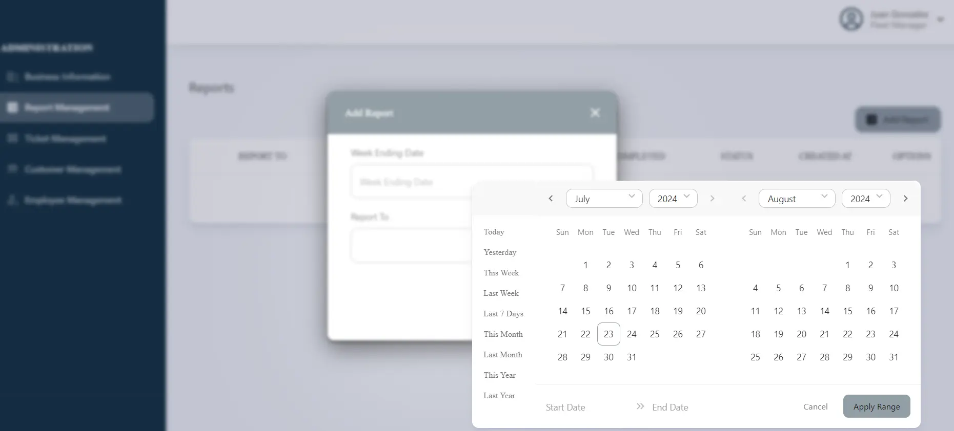 Fleet Manager report date-range selector for employee and customer reports