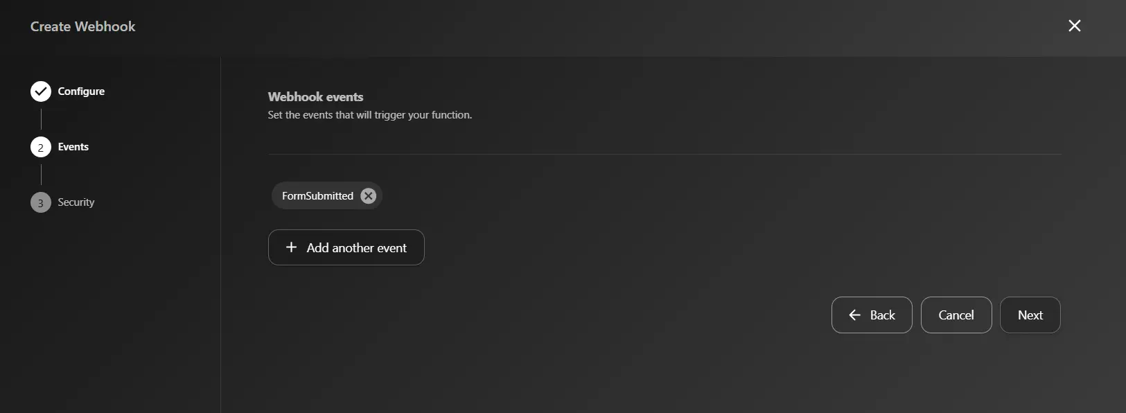 Webhook Configuration Step 2 - Event Selected