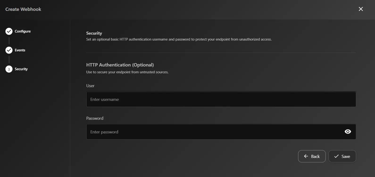 Webhook Configuration Step 3 - Security